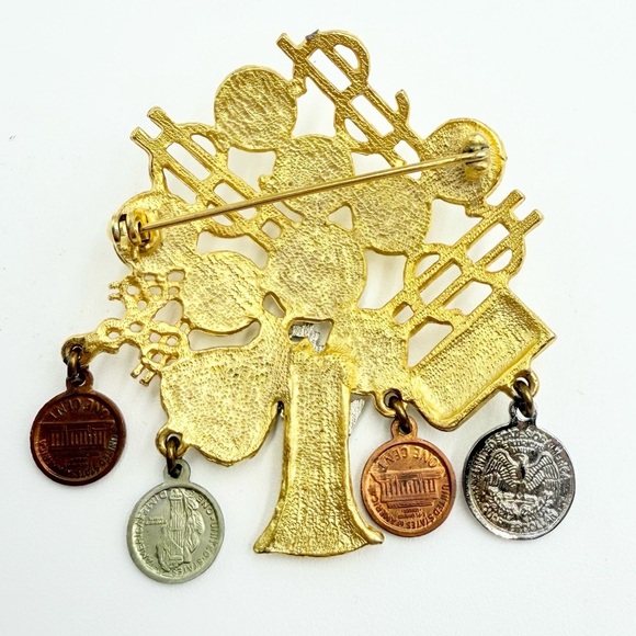Vintage Money Grows on Trees Brooch Pin Dangling Coin Charms I Love Money Pin - Picture 2 of 5